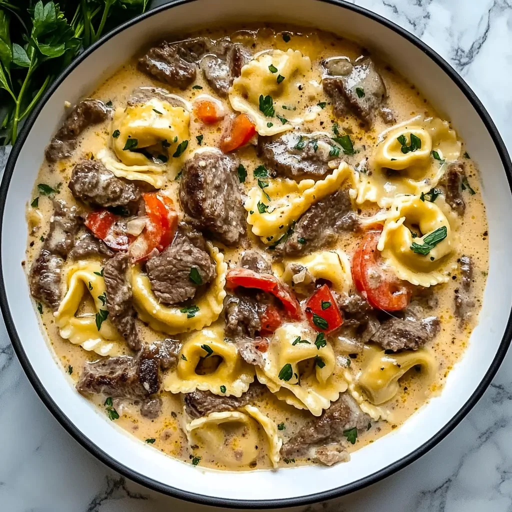 Cheesesteak Tortellini in Creamy Provolone Sauce