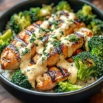 Grilled Chicken & Broccoli Bowls with Creamy Garlic Sauce
