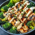 Grilled Chicken & Broccoli Bowls with Creamy Garlic Sauce