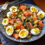 Russian Salmon Potato Salad Recipe with Soft-Boiled Eggs