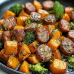 Sheet Pan Sausage and Sweet Potatoes with Honey Garlic Sauce