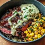 Steak, Avocado, and Roasted Corn Bowl with Cilantro Cream Sauce