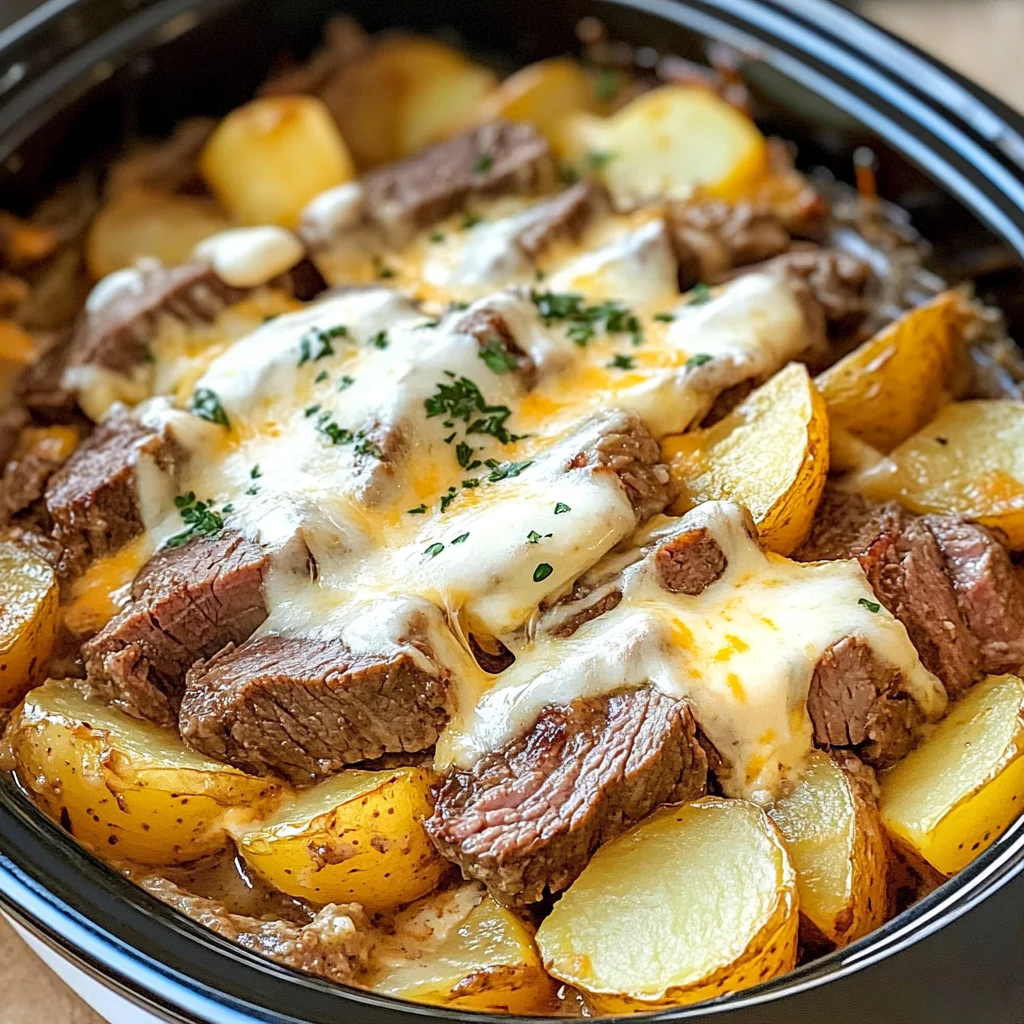 Slow Cooker Steak and Cheddar Potato Casserole