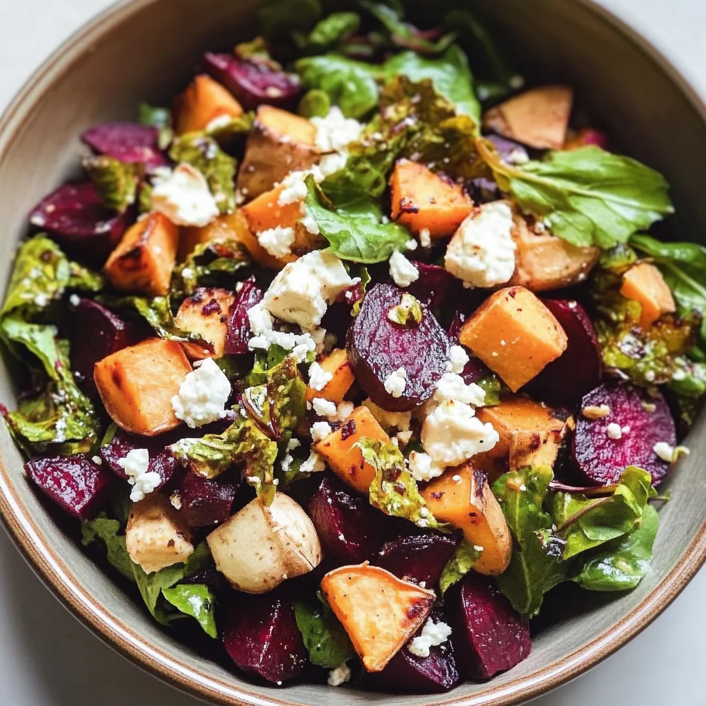 Creamy Roasted Beet Salad with Sweet Potato & Feta
