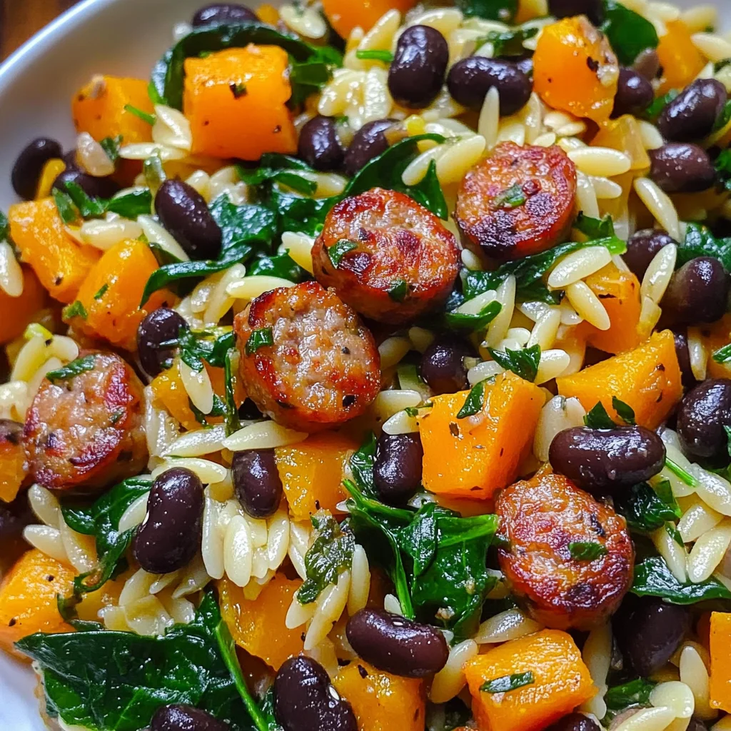 Butternut Squash and Black Bean Orzo with Sausage and Spinach