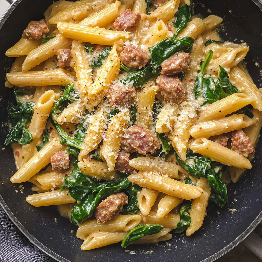 One-Pan Creamy Penne with Spinach and Italian Sausage