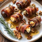 Goat Cheese Stuffed Bacon Wrapped Dates with Rosemary Honey