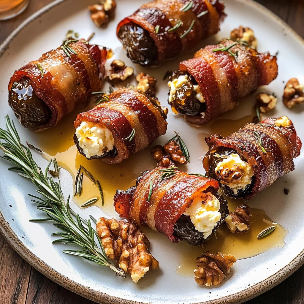 Goat Cheese Stuffed Bacon Wrapped Dates with Rosemary Honey