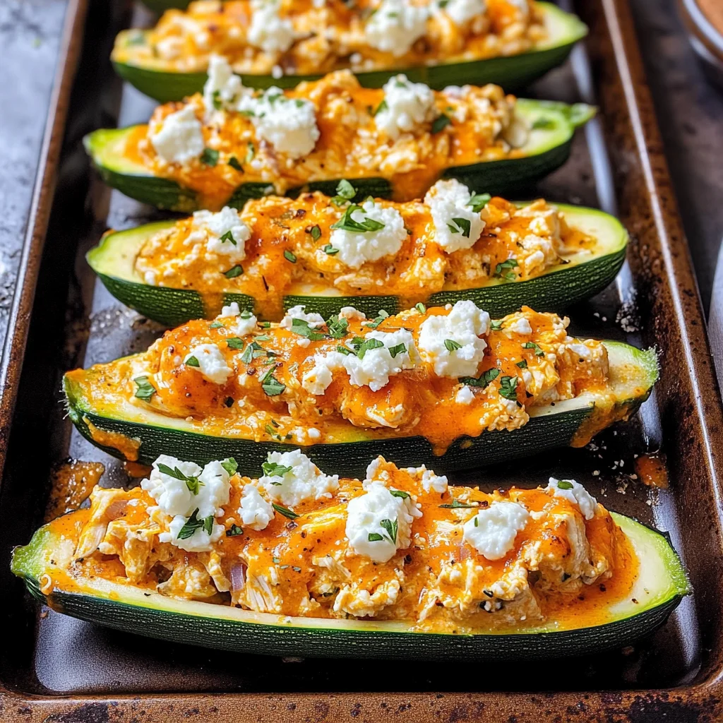 High Protein Buffalo Chicken Stuffed Zucchini Boats