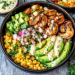 Grilled Shrimp Bowl with Avocado, Corn Salsa & Creamy Garlic Sauce