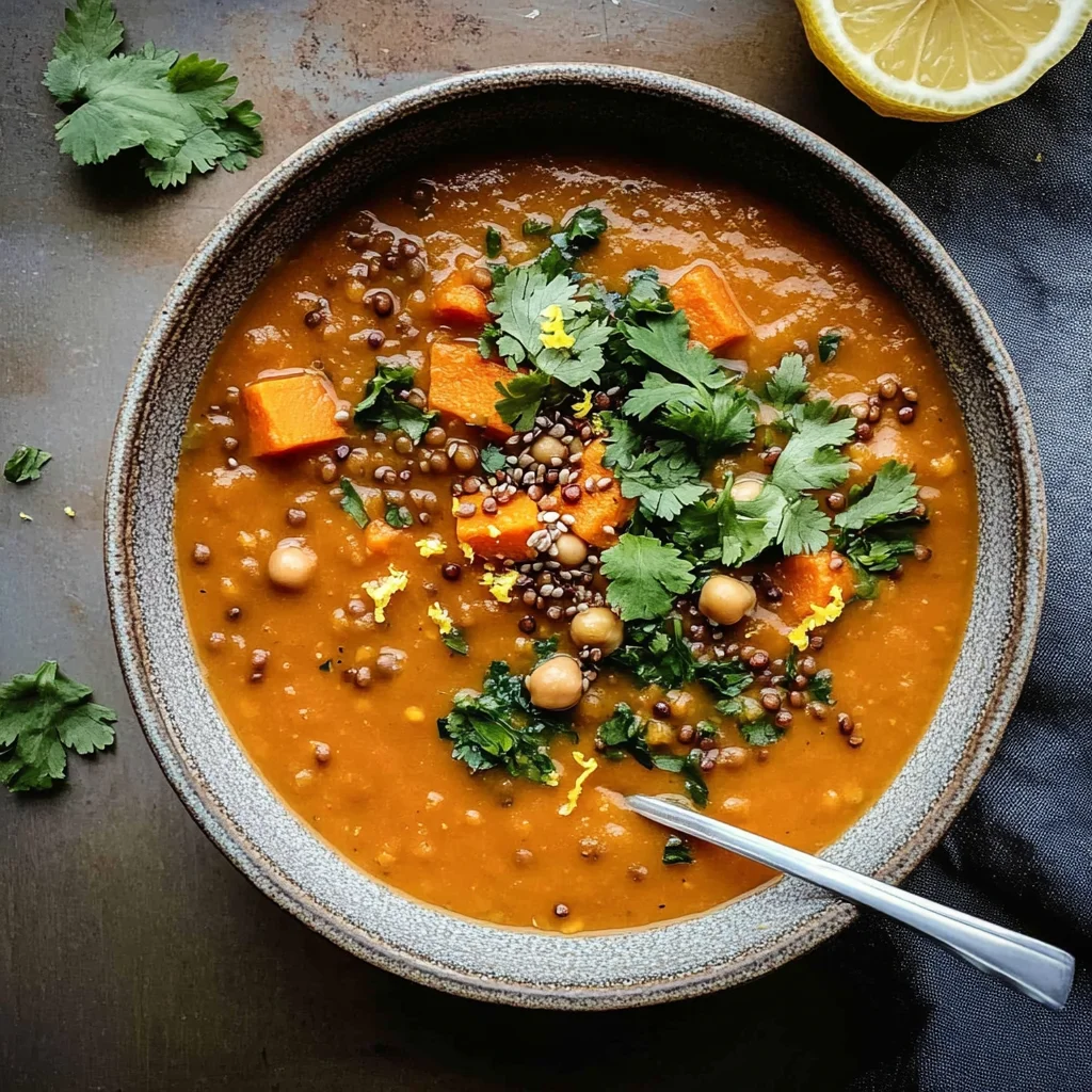 Sweet Potato Soup with Red Lentils and Chickpeas