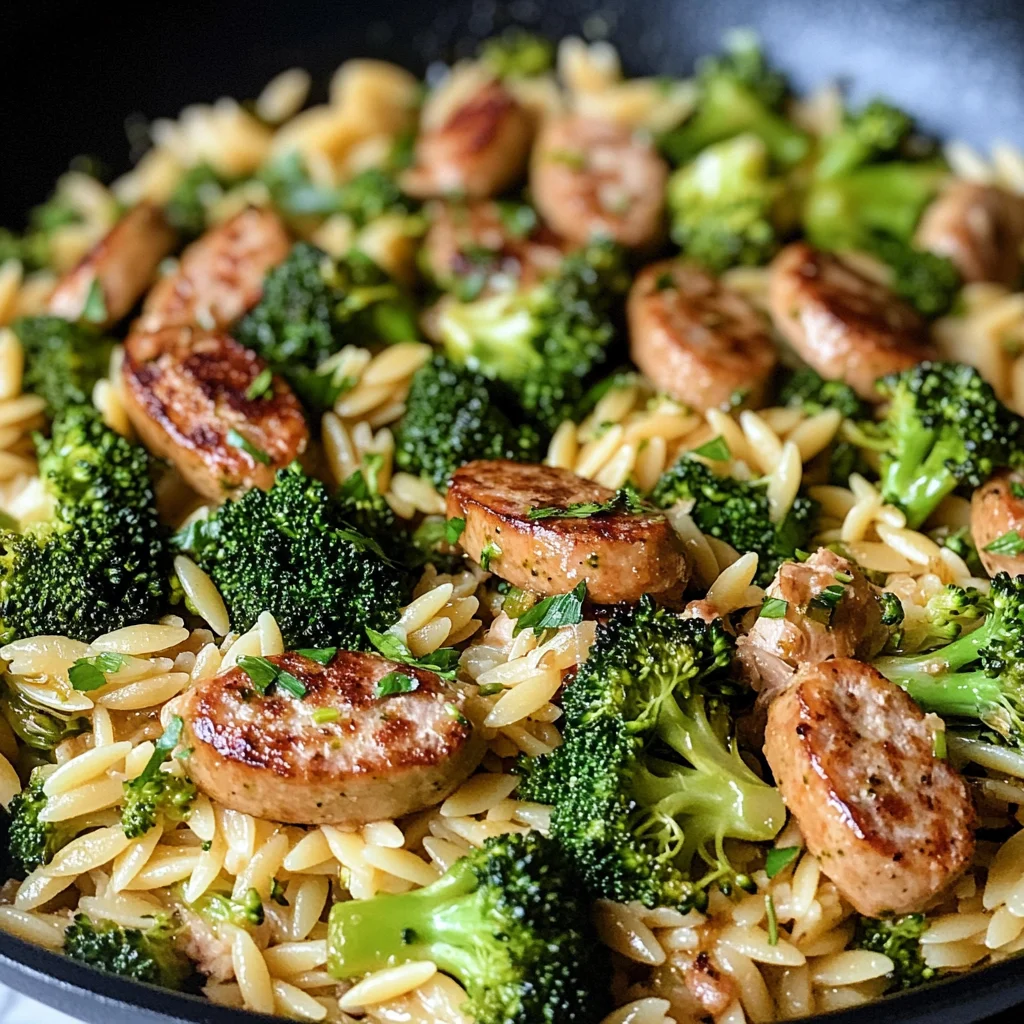 Chicken Sausage, Broccoli, and Orzo Skillet