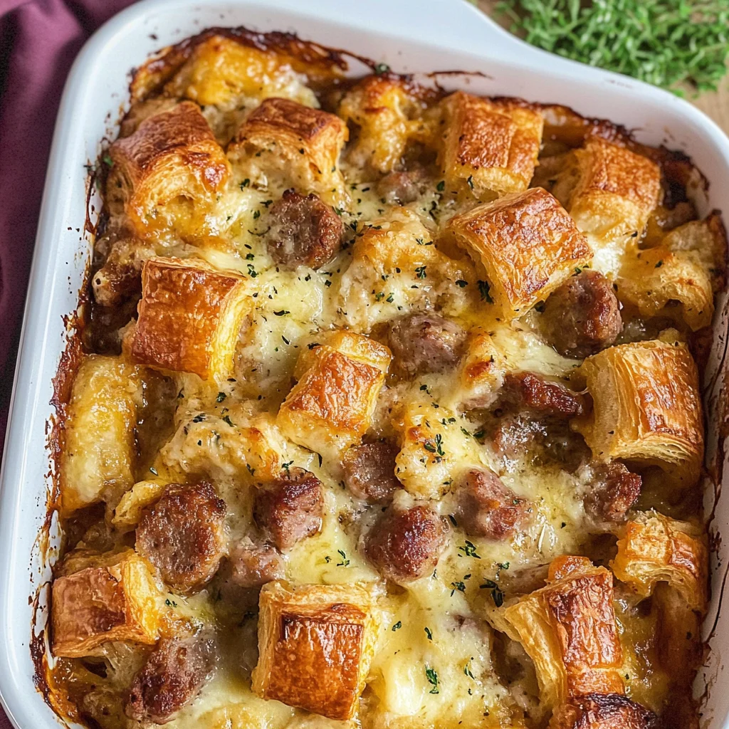 Overnight Croissant Breakfast Casserole Bake with Gravy