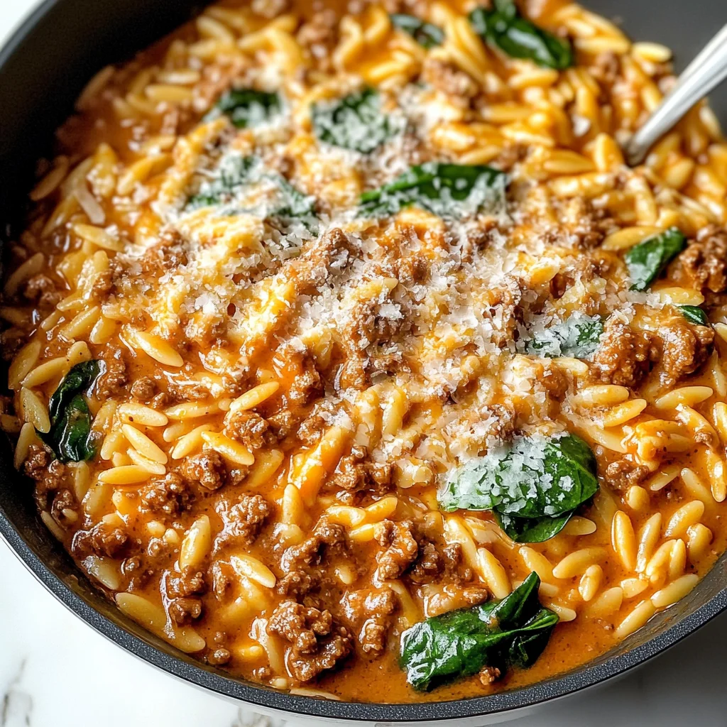 Hearty Ground Beef Orzo with Tomato Cream Sauce
