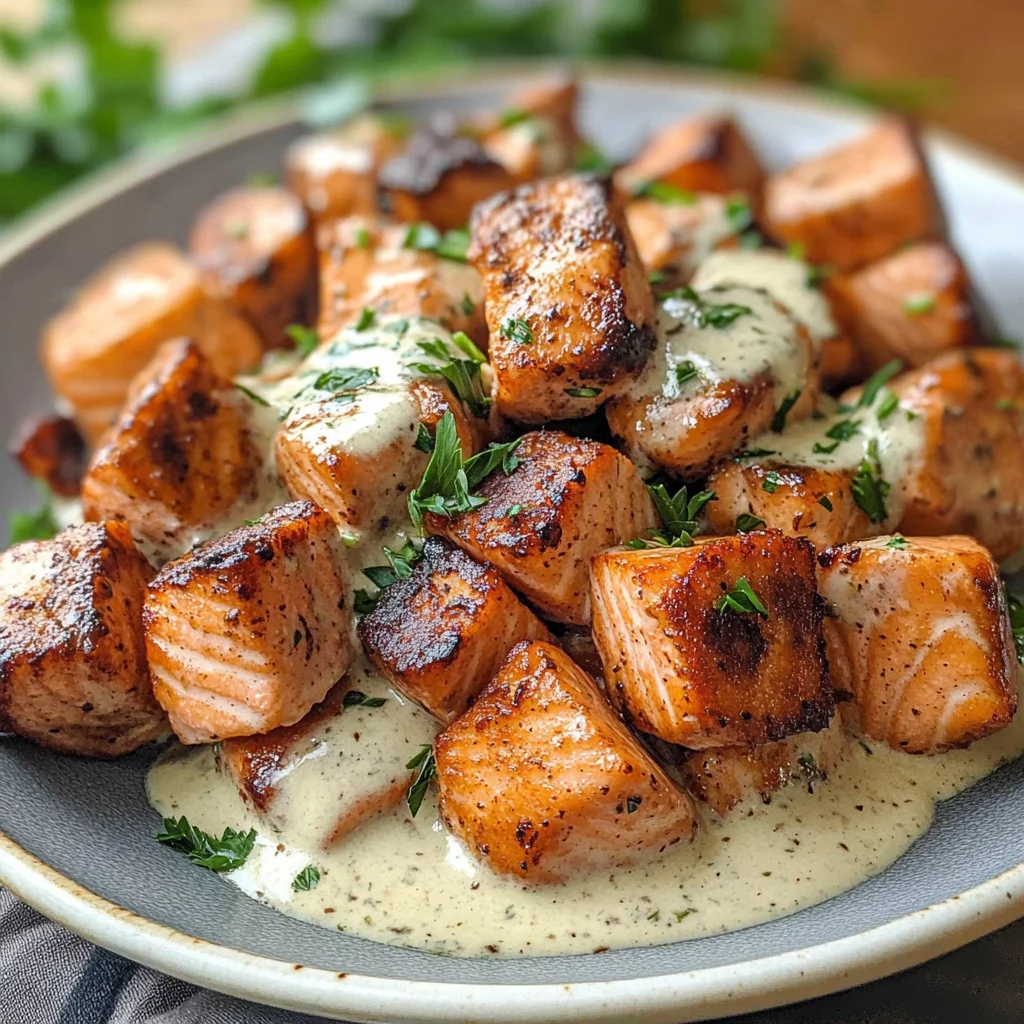 Air Fryer Salmon Bites with Garlic Cream Sauce