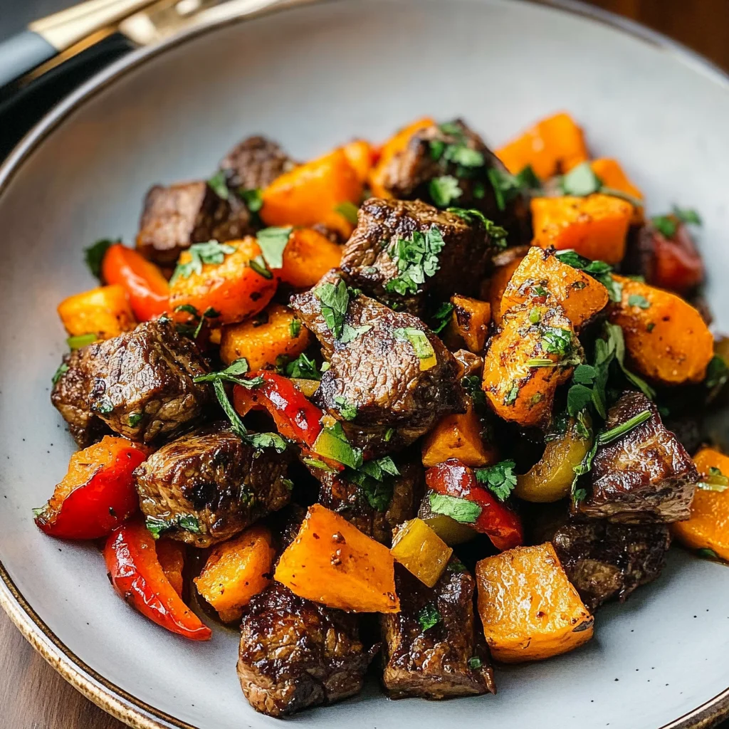 Whole30 Steak Bites with Sweet Potatoes and Peppers