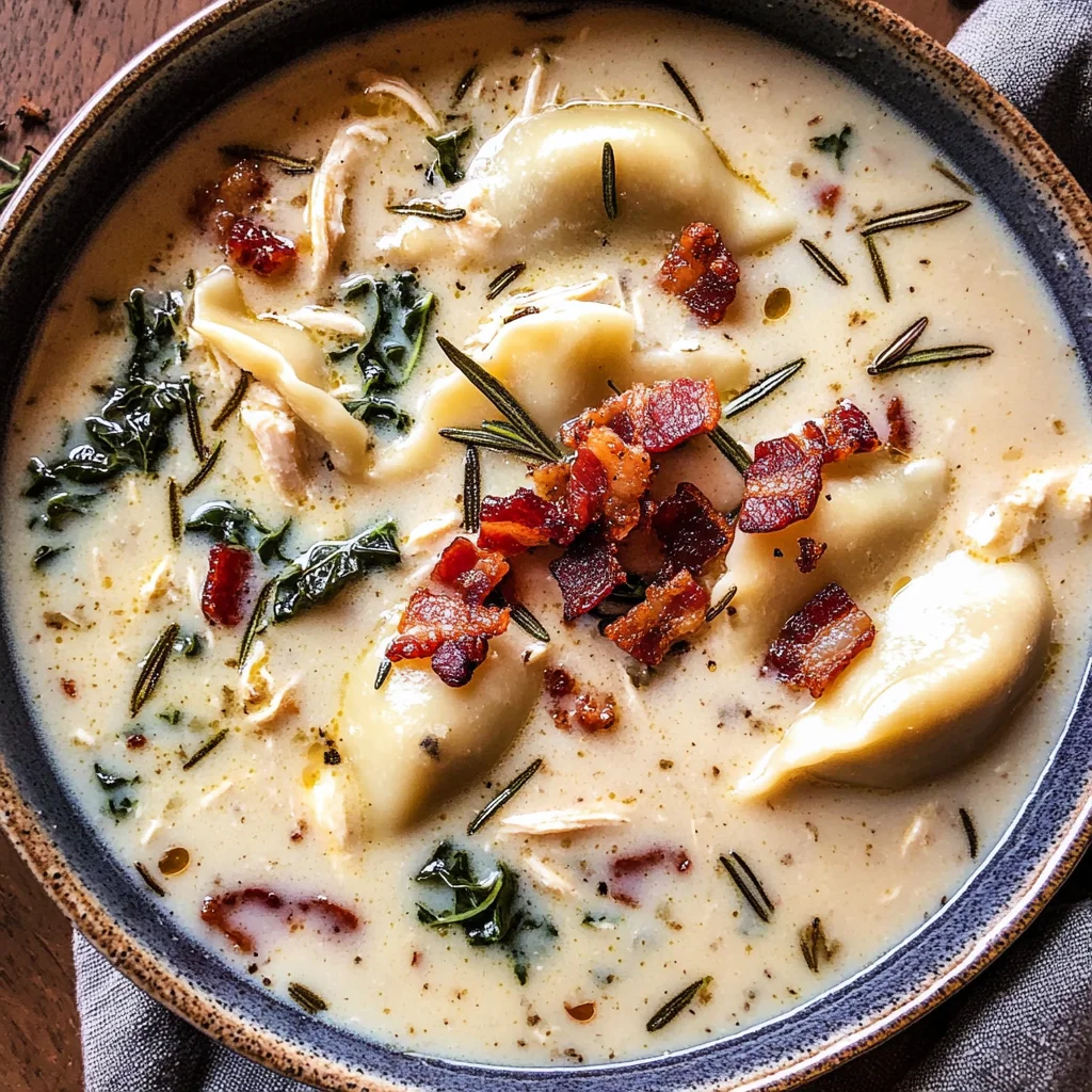 Creamy Pierogi Chicken Soup with Rosemary Bacon Bits