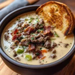 One-Pot Philly Cheesesteak Soup with Bacon and Cheesy Toast